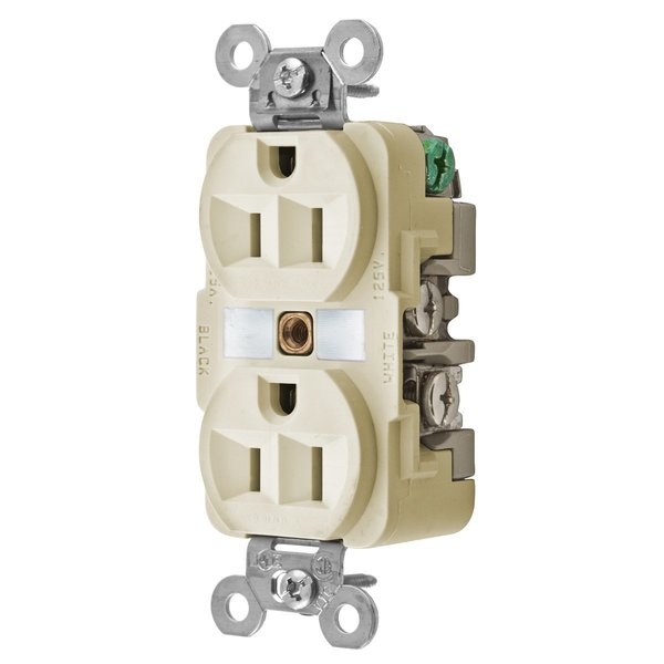 Hubbell Wiring Device-Kellems Straight Blade Devices, Receptacles, Duplex, Corrosion resistant, 2-Pole 3-Wire Grounding, 15A 125V, 5-15R, Ivory, Single Pack, Chem-Marine HBL52CM62I